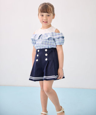 ANY KIDS チェック オフショルダー ブラウス サックスブルー