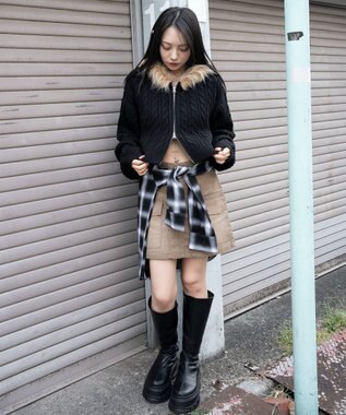 WEGO フェイクファー付きケーブルニットパーカー ブラック