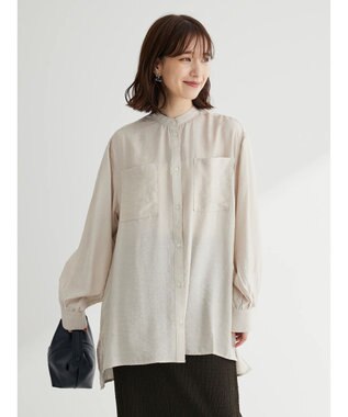 Green Parks バンドカラーポケット付きシアーシャツ Gray Beige