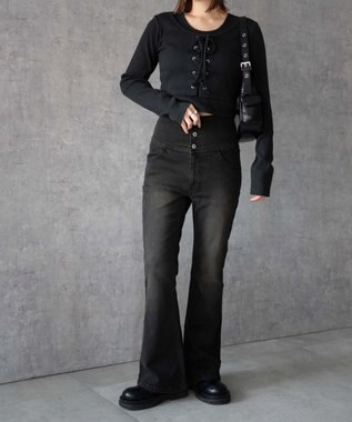 WEGO ハイウエストストレッチフレアデニムパンツ スミクロ