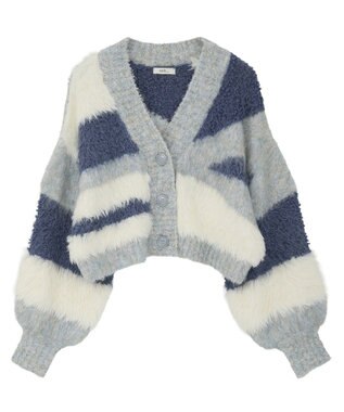 earth music&ecology ポンポンヤーンミックスインターシャカーディガン Blue