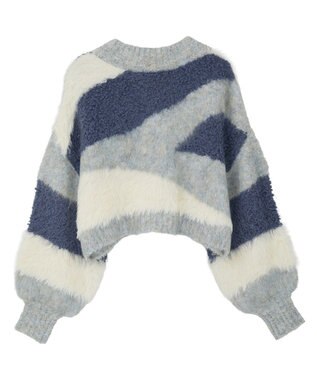 earth music&ecology ポンポンヤーンミックスインターシャカーディガン Blue