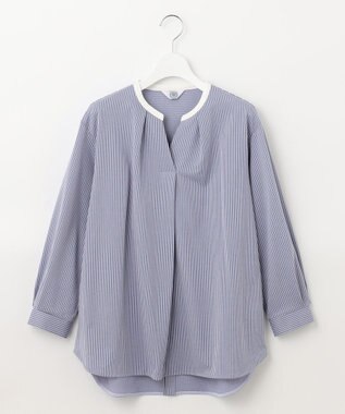 J.PRESS LADIES L ピンストライプジャージー バンドカラー スキッパー カットソー ブルー系1