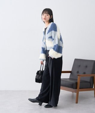 earth music&ecology ポンポンヤーンミックスインターシャカーディガン Blue