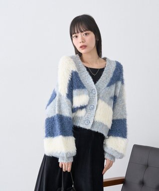 earth music&ecology ポンポンヤーンミックスインターシャカーディガン Blue