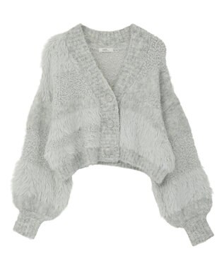 earth music&ecology ポンポンヤーンミックスインターシャカーディガン Light Gray