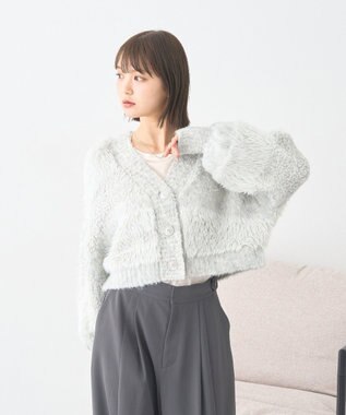 earth music&ecology ポンポンヤーンミックスインターシャカーディガン Light Gray