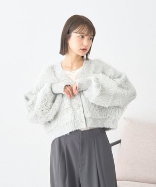 earth music&ecology ポンポンヤーンミックスインターシャカーディガン Light Gray