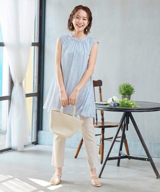 Tiaclasse L 【洗える】体型カバーも叶うAラインギャザーチュニックブラウス サックス