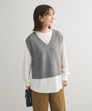 Green Parks ＳＥＴ２点　ニットベスト＋ロンＴＥＥ Gray Mixture
