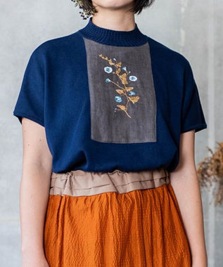 muuc 【高級スーピマ超長綿100%使用ニット】ヒルガオ刺繍 ハイネック半袖プルオーバー ネイビー