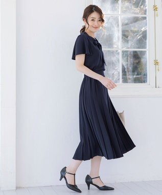 Tiaclasse 【洗える】リボンタイプリーツワンピース ネイビー