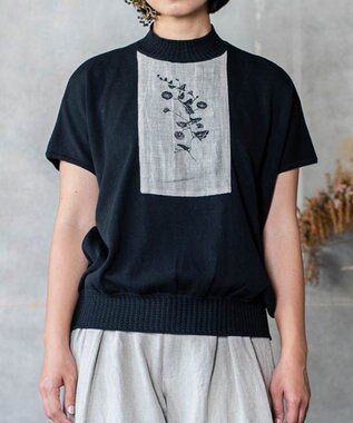 muuc 【高級スーピマ超長綿100%使用ニット】ヒルガオ刺繍 ハイネック半袖プルオーバー ブラック