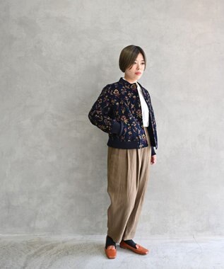 muuc 〈遠州織物の工場で織られた上質なコットンコーデュロイ生地〉裏地有り リブ袖 ショート丈 花刺繍ブルゾン（セットアップ可能） ネイビー