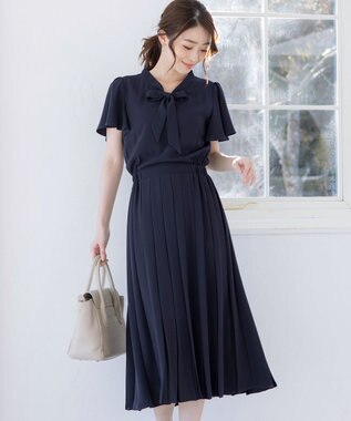Tiaclasse 【洗える】リボンタイプリーツワンピース ネイビー