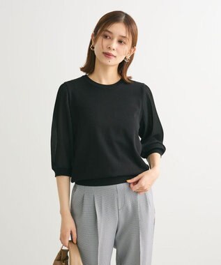 Green Parks 袖プリーツドッキング５分袖ニットプルオーバー Black