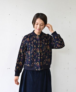 muuc 〈遠州織物の工場で織られた上質なコットンコーデュロイ生地〉裏地有り リブ袖 ショート丈 花刺繍ブルゾン（セットアップ可能） ネイビー