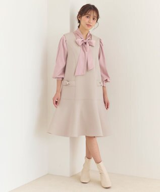 Feroux 【洗える】サテン ボウタイブラウス ピンク系