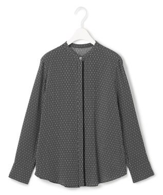 ICB L 【UVケア・速乾・洗える】BackSatinAmunzen バンドカラーブラウス ブラック柄系