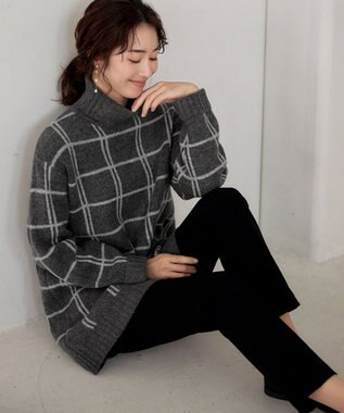 Tiaclasse L 【洗える】チェックジャガードニットチュニック チャコール