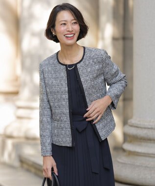 J.PRESS LADIES 【セットアップ対応】ファンシーツイード ノーカラー ジャケット ブラックミックス系
