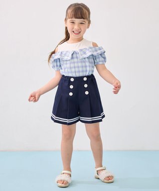 ANY KIDS チェック オフショルダー ブラウス サックスブルー