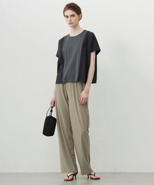 ICB L 【接触冷感・UVケア・洗える】シルケットスムースコンビ バイカラーカットソー チャコール×ブラック系