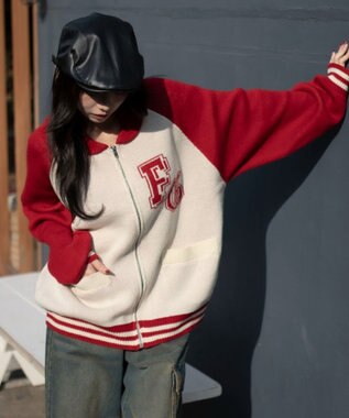 WEGO 【ユニセックス着用ITEM】グラフィックZIPニットブルゾン レッドその他