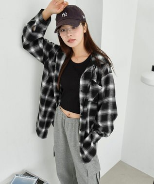 WEGO 【25年秋冬新作】チェックフードBIGネルシャツ ブラック