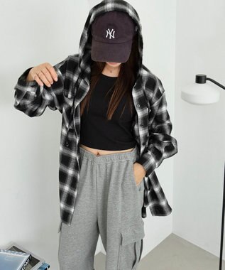 WEGO 【25年秋冬新作】チェックフードBIGネルシャツ ブラック