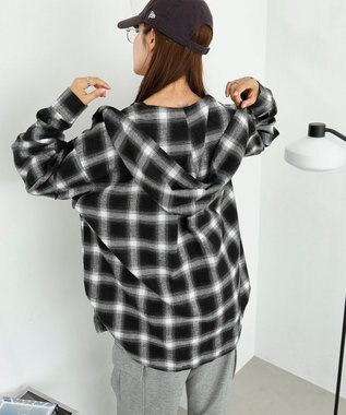 WEGO 【25年秋冬新作】チェックフードBIGネルシャツ ブラック