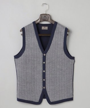 GOTAIRIKU 体温調整に【洗える/チクチクしにくい/ピリングしにくい】イタリア糸 ハイゲージ ベスト_WOOL100% ネイビー×ヘリンボーン柄(25年新色)