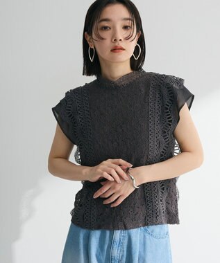 Green Parks ・Ｐｅｔｉｔ　Ｆｌｅｕｒ　フレンチレーシーブラウス Charcoal Gray