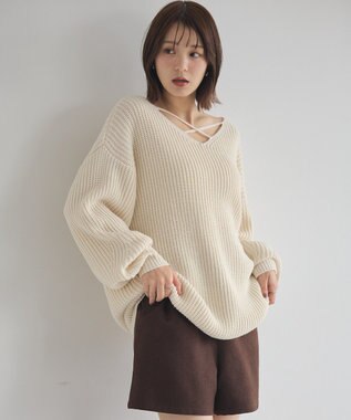 earth music&ecology 【毛玉防止 / 洗濯機洗い可】アンチピリングクロスネックルーズニット Ivory