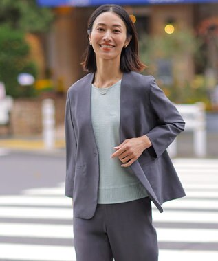 J.PRESS LADIES 【セットアップ対応】ファンマートロストレッチ ノーカラー ジャケット チャコール系