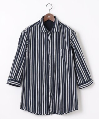 JOSEPH ABBOUD 【キングサイズ・1枚で2通りの着こなし】オーガニックコットンリバーシブル 七分袖シャツ ネイビー系1