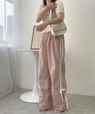 WEGO 【ウエストゴム】ラインリボンデザインナイロンバンツ ライトピンク