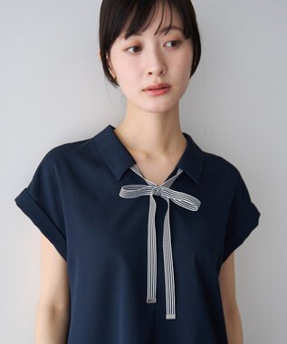 YECCA VECCA 2wayストライプリボンブラウス Navy