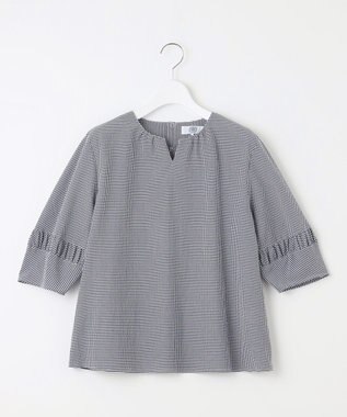 J.PRESS LADIES L 【洗える】アセVis ギンガム ボリュームスリーブ ブラウス ネイビー系3