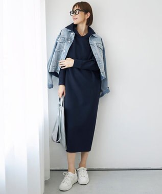 自由区 L 【WEB限定・洗える】マットストレッチダンボールフーディー ワンピース ネイビー