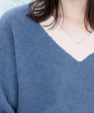 Tiaclasse L 【洗える】表情豊かなメランジニットVネックトップス ブルー×オフホワイト