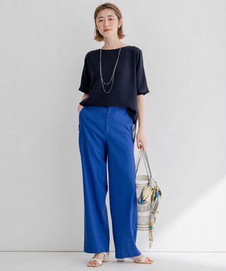 23区 L 【洗える】リネンレーヨンストレッチ ワイド パンツ 【WEB限定】ブルー系