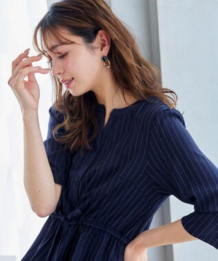 Tiaclasse L 【新色追加・洗える】配色キーネックストライプワンピース ネイビー×ネイビー