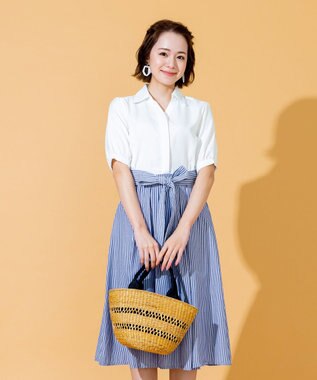 Tiaclasse 【洗える】小顔効果も叶えるスキッパーシャツワンピース ネイビーストライプ