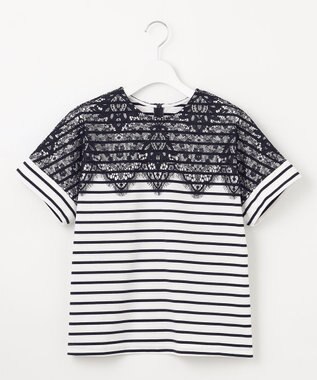 自由区 【洗える】レース Tシャツ オフ×ネイビーボーダー