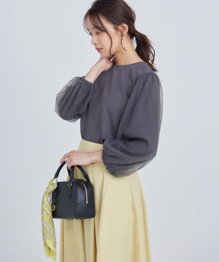 組曲 L ミニ裏毛チュールスリーブ カットソー チャコールグレー系