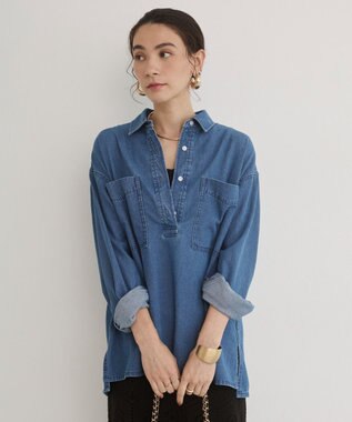 WEGO 【ANGIE VINTAGE】襟が選べる デニム プルオーバー シャツ（バンドカラー/レギュラー） ブルーその他