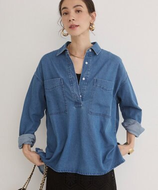 WEGO 【ANGIE VINTAGE】襟が選べる デニム プルオーバー シャツ（バンドカラー/レギュラー） ブルーその他