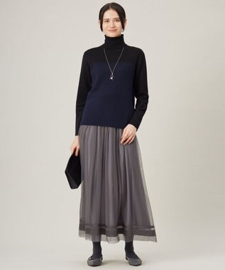 自由区 L 【洗える】シルクウールリブタートルネック ニット ブラック×ネイビー