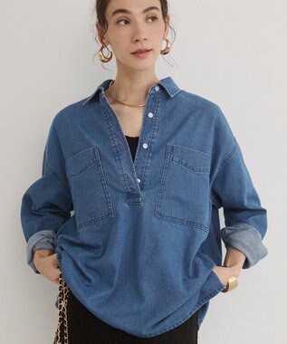 WEGO 【ANGIE VINTAGE】襟が選べる デニム プルオーバー シャツ（バンドカラー/レギュラー） ブルーその他